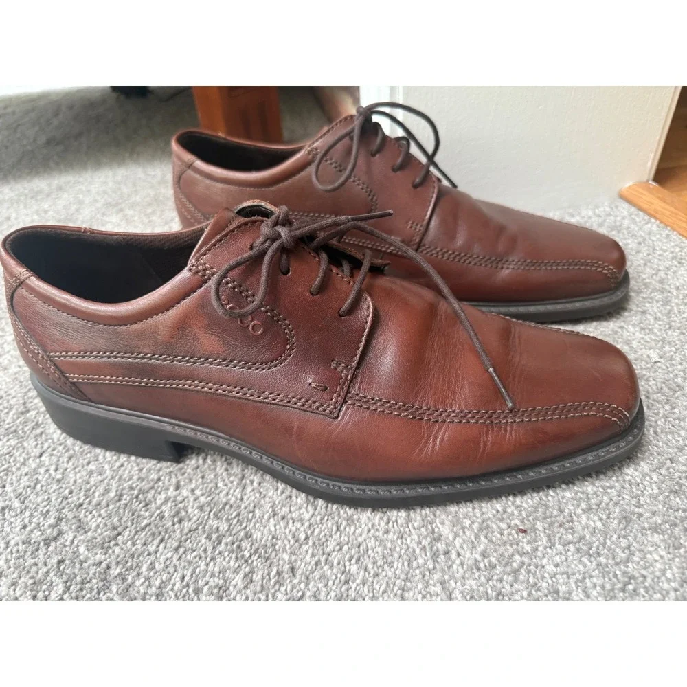 ECCO Mens Brown Leather Square Toe Derby Dress Shoes Shock Point‎ Size 46